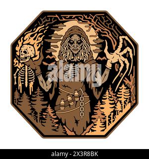 Emblema della strega forestale. La Strega malvagia ha uno scheletro in fiamme. Badge e patch sui vestiti. Halloween. Immagine vettore stock Illustrazione Vettoriale