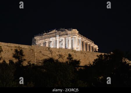 Partenone di notte, Atene, Grecia. Foto Stock