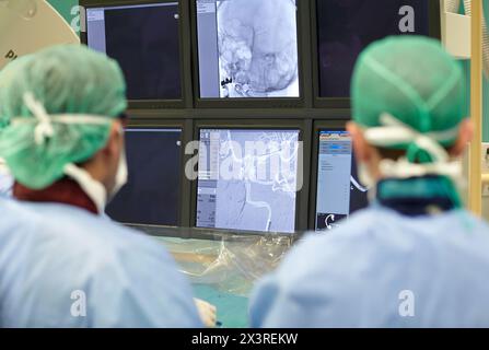 Embolizzazione di aneurisma cerebrale, angiografia Willis polygone, Neuroradiologia interventistica, reparto di radiologia, ospedale Donostia, San Sebastian, fallo Foto Stock