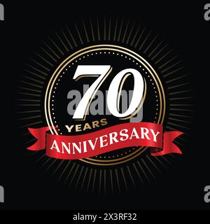 design con logo per il 70° anniversario con nastro rosso e brillanti elementi da celebrazione a cerchio dorato. poster del 70° anniversario di matrimonio, modello. Azienda Illustrazione Vettoriale