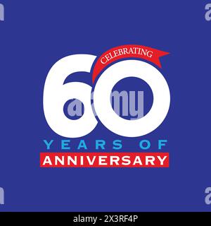 design del logo per il 60° anniversario. badge per il 60° anniversario con nastro. Firma e simbolo per festeggiare il compleanno dell'azienda o dell'azienda. Illustrazione Vettoriale