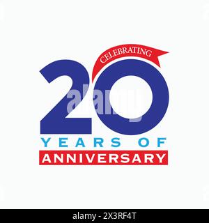 design del logo per il 20° anniversario. badge per il 20° anniversario con nastro. Firma e simbolo per festeggiare il compleanno dell'azienda o dell'azienda. Illustrazione Vettoriale