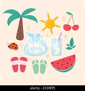 Set vettoriale estivo tropicale. Atmosfera da vacanza Illustrazione Vettoriale