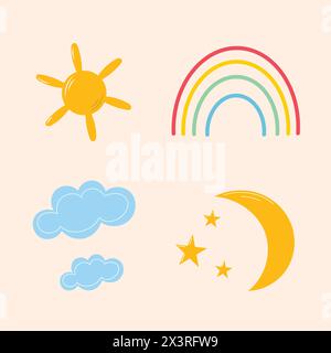 Un bel set di cartoni animati, sole e arcobaleno Illustrazione Vettoriale