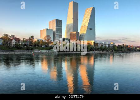 I due grattacieli comunemente chiamati Roche Towers sono stati costruiti rispettivamente nel 2015 e nel 2022 lungo il fiume Reno. Quello più alto, finito Foto Stock
