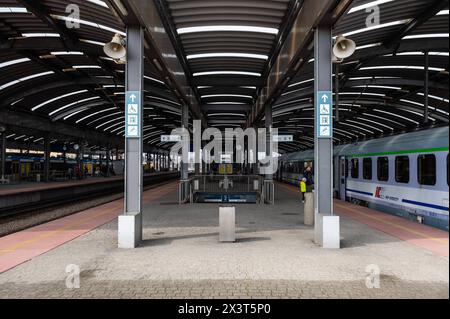 Katowice, Slesia, Polonia, 24 marzo 2024 - piattaforme e binari della stazione ferroviaria di Katowice Foto Stock