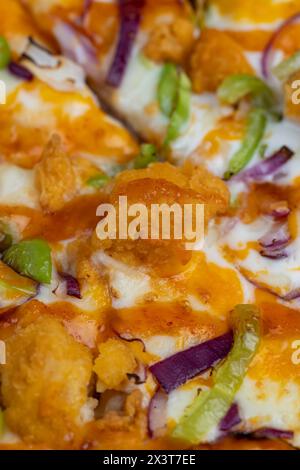 Pizza fresca con formaggio e cipolla rossa con pepe verde, grandi pezzi di carne di pollo sulla pizza Foto Stock