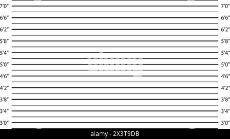 Lineup modello di foto tazza. Sfondo vuoto per profilo ladro. Grafico dell'altezza di pollici della polizia per le foto di identificazione di persone ricercate, arrestate o sospette. Illustrazione grafica vettoriale. Illustrazione Vettoriale