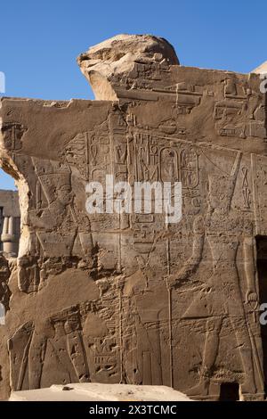 Immagine del Dio Amon (a sinistra) e del faraone, bassorilievo, tempio di Luxor, sito patrimonio dell'umanità dell'UNESCO, Luxor, Egitto Foto Stock