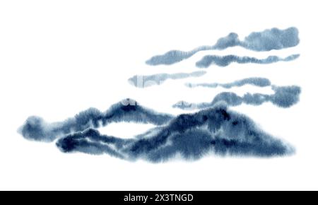 Montagne di Foggy e nuvole paesaggio minimalista. Backgrop naturale giapponese asiatico. Illustrazione ad acquerello disegnata a mano isolata su sfondo bianco. Foto Stock