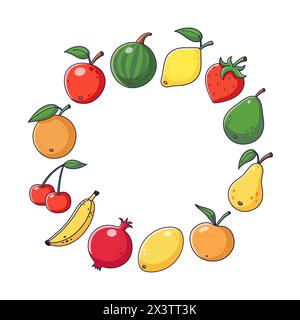 Graziosa cornice rotonda di frutta in stile cartone animato. Raccolta di frutta. Icone frutta modello circolare. Bordo circolare della frutta. Modello di spazio di copia circolare. Illustrazione vettoriale isolata su sfondo bianco. Illustrazione Vettoriale