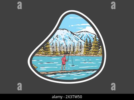 Distintivo vintage di un uomo che pesca sul lago con vista sulla foresta e sulle montagne Illustrazione Vettoriale