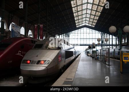 Treno alla Gare du Nord (stazione Nord), una delle sette grandi stazioni TGV termini di Parigi Francia. L'attuale Gare du Nord era Foto Stock