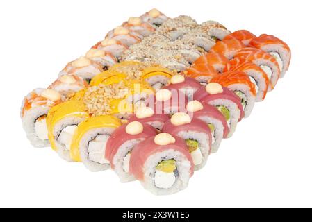 grande set di rotoli su sfondo bianco per la consegna di alimenti Foto Stock