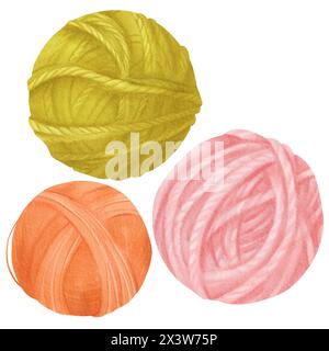 Una collezione di filati assortiti. Palle in filato realizzate in cotone e lana. verde, arancione e rosa. Elementi isolati con acquerello per la lavorazione Foto Stock