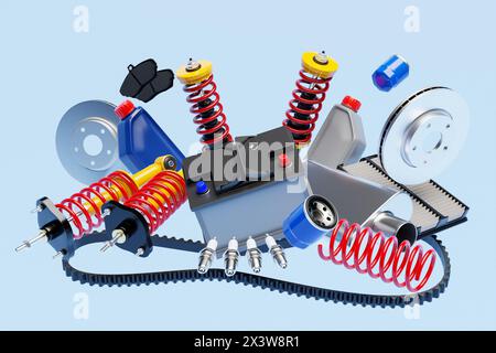 illustrazione 3d di ammortizzatori auto parts, filtro dell'olio, filtri carburante e aria su sfondo blu isolato. Parti di ricambio per auto Foto Stock