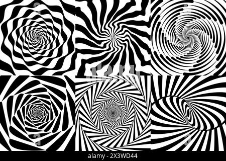 Turbolenza ipnotica a spirale, modelli di ipnosi psichedelica. Sfondi in bianco e nero vorticosi con vortice rotante. Illusioni ottiche torsione, torsione Illustrazione Vettoriale