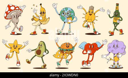 Personaggi da cartoni animati hippie, globo e bottiglia di birra, stella e hamburger, cuore e banana, nuvola e lampadina, funghi e trippy di avocado, psichiatri Illustrazione Vettoriale