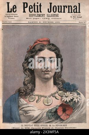 Illustrazione vintage di Marianne personificazione nazionale della Repubblica francese dopo la Rivoluzione francese, come personificazione della libertà, uguaglianza, fraternità e ragione, nonché rappresentazione della Dea della libertà, XIX secolo Foto Stock