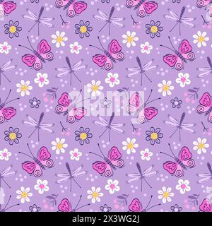Schema vettoriale senza cuciture di con farfalle e libellule. Insetti e fiori stilizzati su sfondo viola Illustrazione Vettoriale