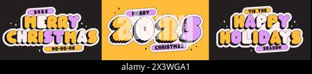 Buon Natale allegro etichette divertenti di colore giallo nero. Illustrazione Vettoriale