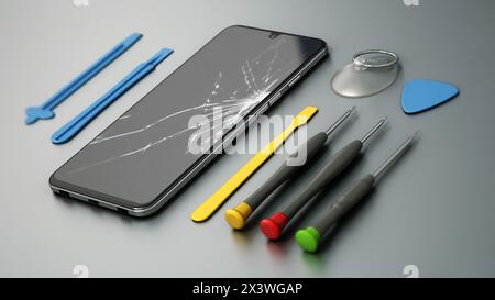 Strumenti di riparazione e smartphone con schermi rotti isolati su sfondo grigio. 3D illustrazione. Foto Stock