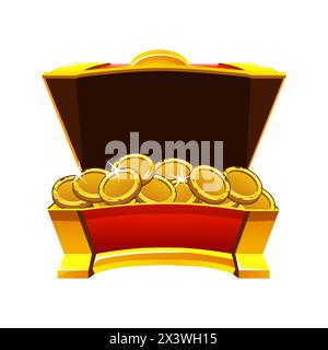 Apri il forziere con le monete. Regalo di successo per i risultati di gioco, tronco antico, premio bonus per il vincitore dell'interfaccia utente Illustrazione Vettoriale