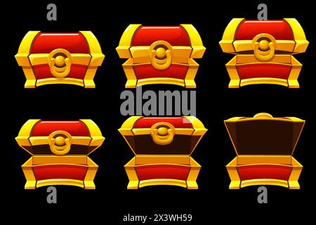 Scatola anticata di animazione, passo dopo passo aperta e chiusa. Scrigno del tesoro Illustrazione Vettoriale