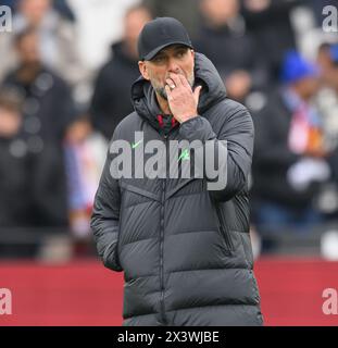 Londra, Regno Unito. 27 aprile 2024 - West Ham United contro Liverpool - Premier League - London Stadium. Direttore del Liverpool, Jurgen Klopp. Crediti immagine: Mark Pain / Alamy Live News Foto Stock