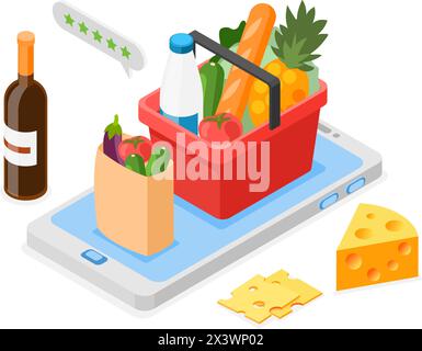 Negozio di alimentari online Isometric. App per il servizio di ordinazione degli alimenti per smartphone. Consegna e recensioni su bevande e prodotti, verdura, frutta, vettore impeccabile Illustrazione Vettoriale