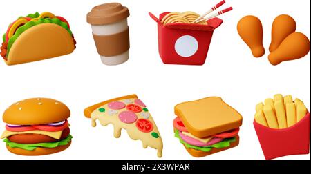 fast food 3d. Pizza, hamburger, panini e scatola di wok. Gustosi involtini con carne e verdure. Rendi il ristorante del caffè vettoriale Illustrazione Vettoriale