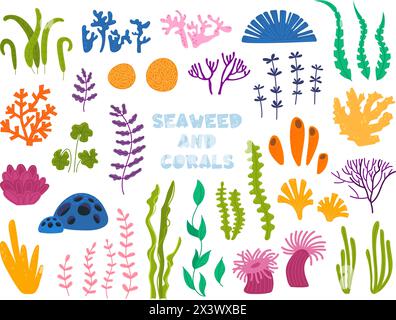 Alghe e coralli sott'acqua. Piante oceaniche, alghe isolate, pietre marine e fiori. Elementi naturali, acquario decorativo, clipart vettoriale di classe Illustrazione Vettoriale