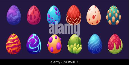 Uova fantasia. Cartoni animati dinosauro o drago uovo diverso, energia e potenza, conchiglie di rettili con luce. Design di gioco che illumina la collezione vettoriale di nowaday Illustrazione Vettoriale
