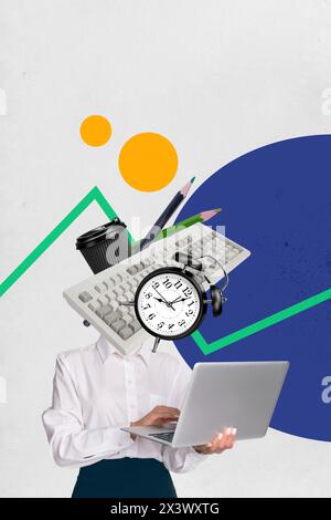 Immagine di schizzo composita grafica di tendenza collage di giovani headless multitasking signora tastiera orologio tazza a matita supples invece di lavorare su laptop Foto Stock