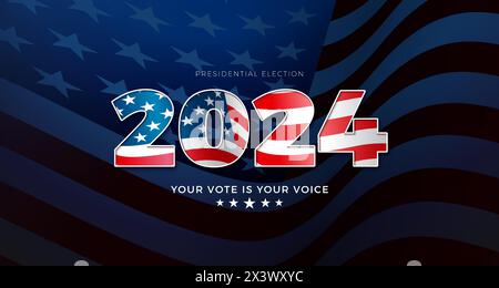 USA 2024 Presidential Election Banner Illustration with American Flag in Text Label on Blue background. Vector Vote Day, 5 novembre. Stati Uniti Illustrazione Vettoriale