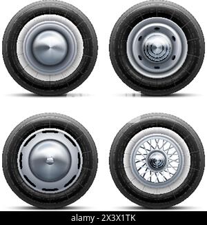 Pneumatici retrò realistici. Ruota per auto d'epoca con coprimozzo cromato, ruota di scorta vecchia con mozzo del cerchione del disco per il trasporto di autobus o furgoni, illustrazione vettoriale auto 3d Champion Race dell'icona ruota retrò Illustrazione Vettoriale