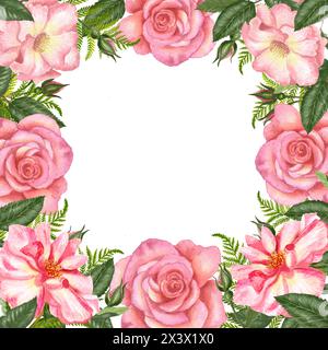 Splendida cornice quadrata di fiori e foglie rosa rosehip. Acquerello rosehip. Un ramo ad acquerello di foglie, fiori, un'illustrazione floreale disegnata a mano Foto Stock