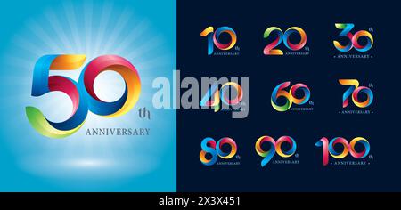 Set di logotipo dal 10 al 100° anniversario, logo Twist Ribbons colorato, lettere numerate stilizzate Origami, logo anniversario per eventi celebrativi, Illustrazione Vettoriale