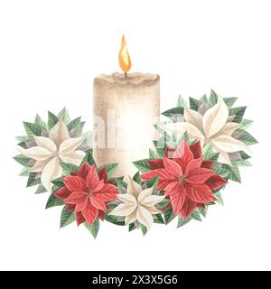 Candela con fiori rossi e bianchi di punta. Decorazioni natalizie in vintage. Illustrazione ad acquerello disegnata a mano, design delle festività. Sagoma isolata per Foto Stock