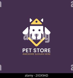 PET store con logo hipster retro vintage Vector. Cane quadrato come modello di identità del marchio del negozio di animali domestici. Illustrazione Vettoriale