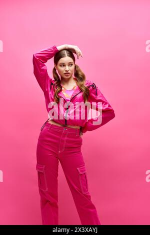 Una giovane donna di vent'anni, elegante e rosa, si posa per un ritratto sullo sfondo di uno studio. Foto Stock