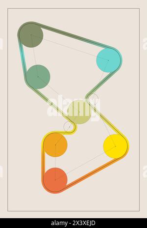 Illustrazione vettoriale. configurazione astratta di cerchi colorati interconnessi con un contorno sottile. Design grafico minimalista. Illustrazione Vettoriale