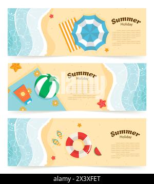 Design vettoriale per poster di benvenuto estivo. Hello Summer text con volantini e occhiali da sole elementi per le vacanze in spiaggia. Illustrazione vettoriale saluto estivo Illustrazione Vettoriale