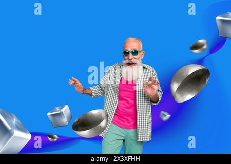 Collage fotografico creativo uomo anziano nonno pensionato occhiali da sole outfit elegante figure 3d elementi disegno sfondo Foto Stock