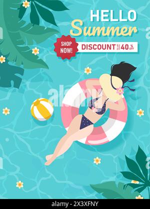 Estate Vendita banner con design giovane donna nuota, concia sulla vita boa in piscina, vista dall'alto dello sfondo. Illustrazione Vettoriale Illustrazione Vettoriale