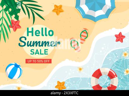 Saldi estivi banner vista dall'alto sulla spiaggia. Texture trendy. La vocazione della stagione, il fine settimana, il logo delle festività. Sfondo dell'ora legale. Buon giorno di lucentezza. Vettore moderno Illustrazione Vettoriale