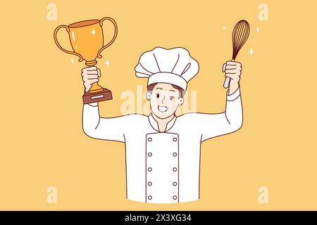 Il cuoco professionista celebra la vittoria in un torneo culinario professionale, tiene una tazza d'oro e frusta in mano. Lo chef del ristorante in uniforme bianca e cappello ha vinto il concorso di specialità di speed-cooking Illustrazione Vettoriale