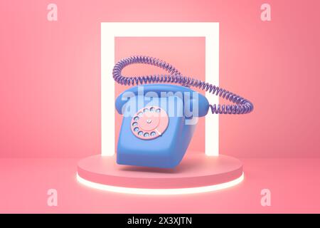 Telefono girevole blu in stile retrò sul palco Foto Stock