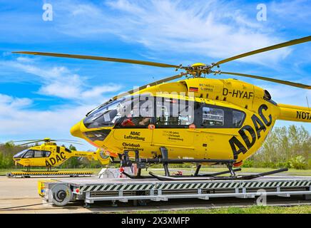 29 aprile 2024, Brandeburgo, Senftenberg: I due elicotteri di soccorso ADAC "Christoph Brandenburg" (r) e "Christoph 33" sono basati presso la stazione di Senftenberg. Da 30 anni, l'ADAC Luftrettung, senza scopo di lucro, gestisce l'elicottero da trasporto per terapia intensiva (ITH) dello stato del Brandeburgo "Christoph Brandenburg" presso la base di Senftenberg. Insieme all'elicottero di soccorso ADAC 'Christoph 33', che è stato anch'esso di stanza lì dal 1991, fornisce assistenza rapida dall'aria alle persone in situazioni di emergenza medica. In occasione di questo anniversario, ADAC Luftrettung ospiterà un open day a se Foto Stock