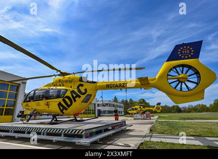 29 aprile 2024, Brandeburgo, Senftenberg: I due elicotteri di soccorso ADAC "Christoph Brandenburg" (l) e "Christoph 33" sono basati presso la stazione di Senftenberg. Da 30 anni, l'ADAC Luftrettung, senza scopo di lucro, gestisce l'elicottero da trasporto per terapia intensiva (ITH) dello stato del Brandeburgo "Christoph Brandenburg" presso la base di Senftenberg. Insieme all'elicottero di soccorso ADAC 'Christoph 33', che è stato anch'esso di stanza lì dal 1991, fornisce assistenza rapida dall'aria alle persone in situazioni di emergenza medica. In occasione di questo anniversario, ADAC Luftrettung ospiterà un open day a se Foto Stock